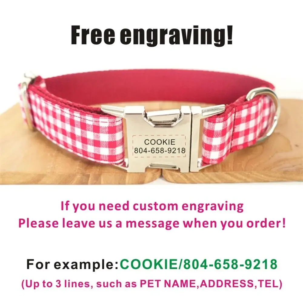 Collar personalizado para mascotas, placa con nombre personalizada, etiqueta de identificación, collares ajustables para perros y gatos a cuadros blancos y rojos, correa de plomo - imagen 4