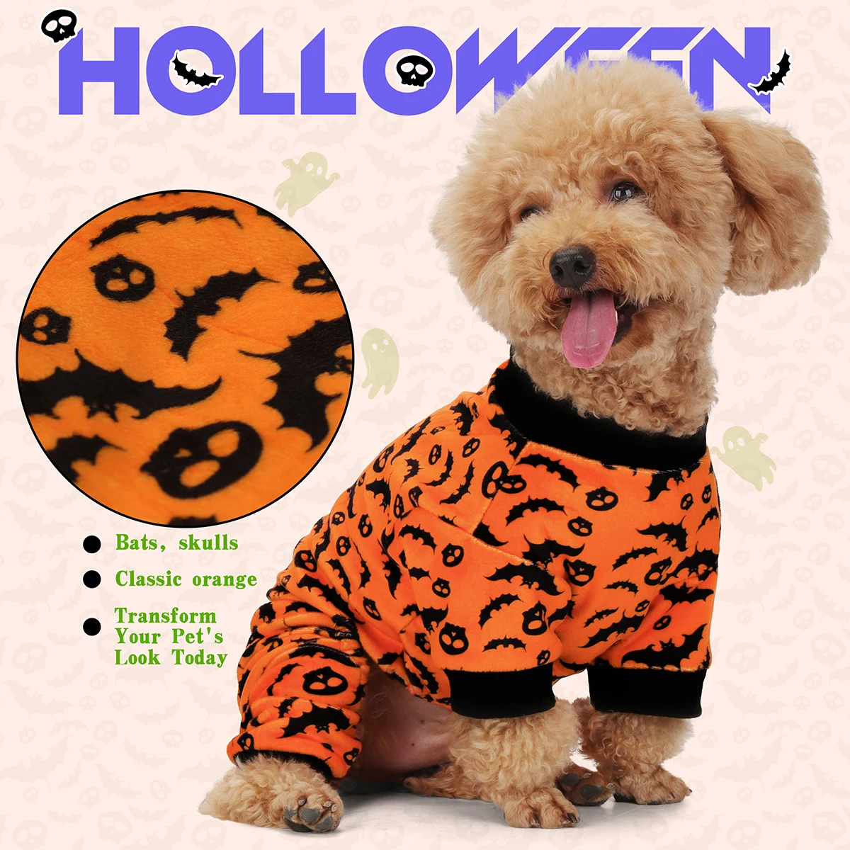 Disfraz de pijama para perro de Halloween: traje de cuatro patas con estampado de murciélago y calaveras, perfecto para perros pequeños, medianos y grandes - imagen 3