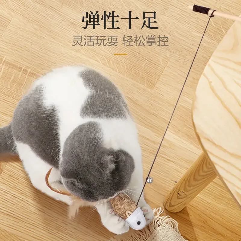 Varilla interactiva de madera para mascotas, juguete divertido para gatos, palo de punto de lino con Mini campana, accesorios para gatos, 1 unidad - imagen 4