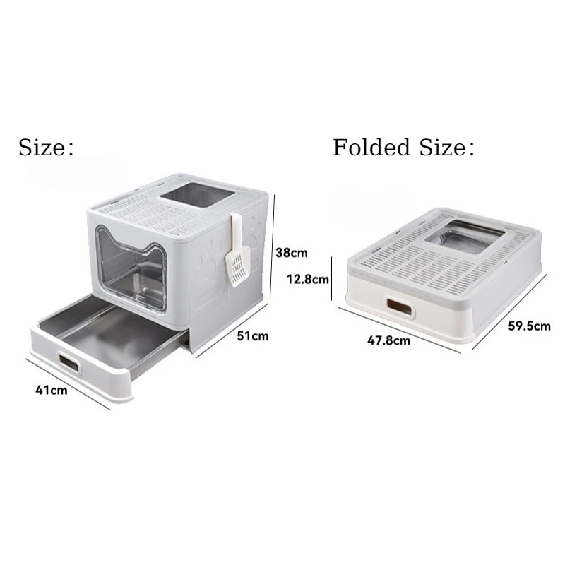 Caja de arena para gatos de acero inoxidable, totalmente cerrada, plegable, cajón grande, antisalpicaduras, desodorizante, inodoro para gatos, fácil de limpiar