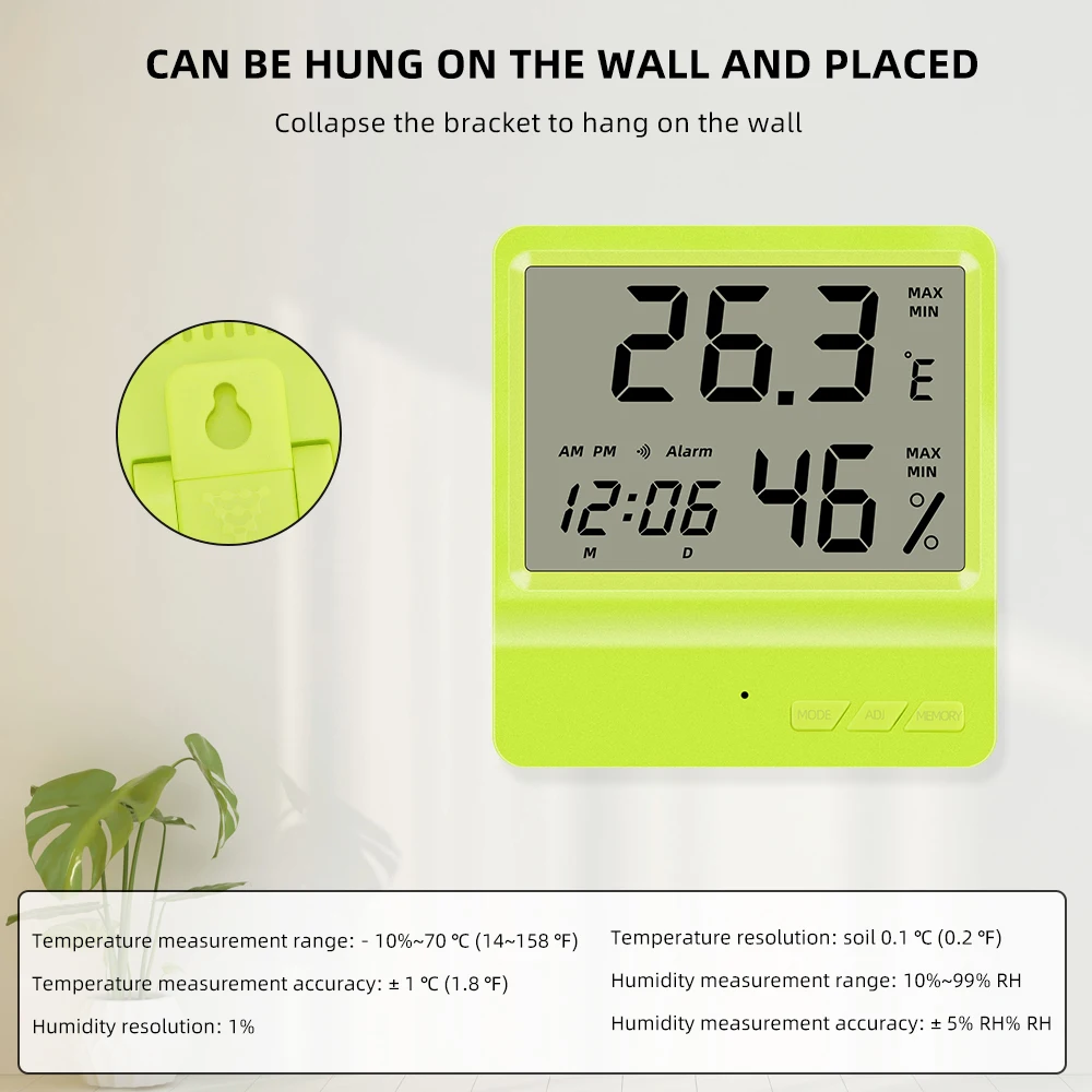 Medidor electrónico de temperatura y humedad, pantalla LCD, reloj, alarma, termómetro multifunción de 12/24 horas, higrómetro para el hogar y la Oficina - imagen 5