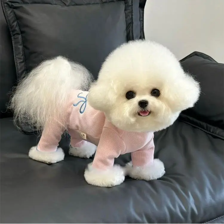 Mascota Otoño Invierno terciopelo bordado arco cuatro patas vientre envoltura Teddy protección del vientre ropa de casa pijamas ropa de cachorro - imagen 2