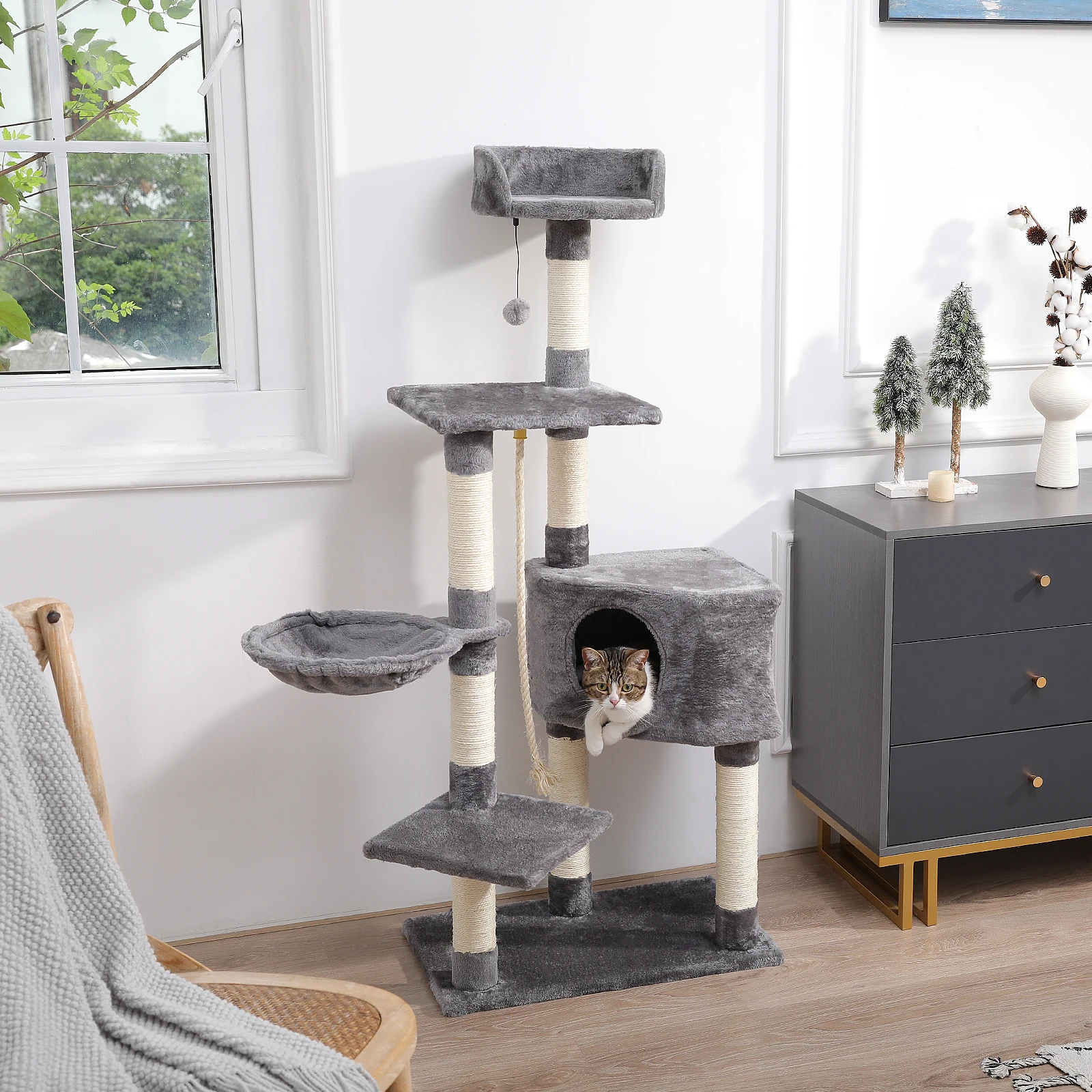 Árbol de lujo multinivel para gatos, torre con perca de felpa extragrande, hamaca espaciosa y poste de rascado cubierto de Sisal grueso