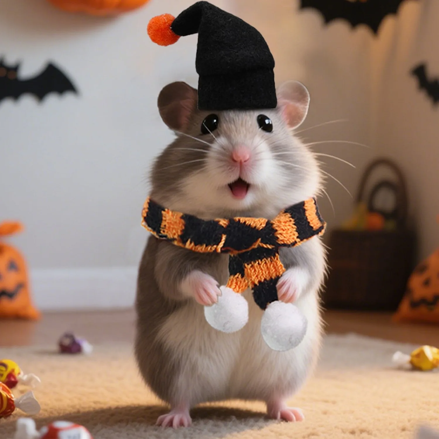 Conjunto de gorro y bufanda de hámster de punto para Halloween, Mini animales pequeños, disfraz de Halloween para mascotas, traje para fiesta de Navidad y vacaciones - imagen 3