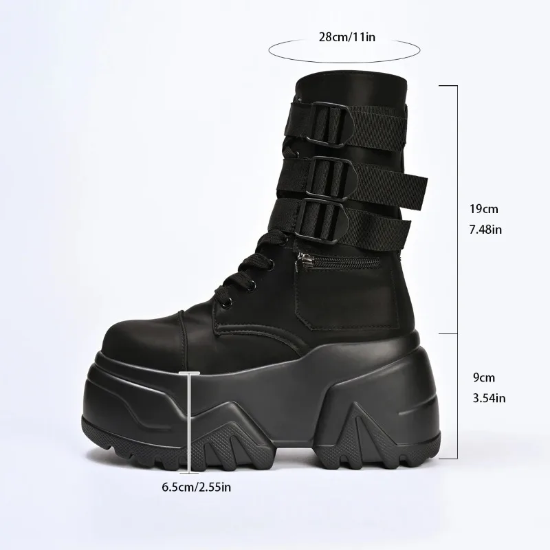 Botas tobilleras con hebilla de cinturón para motocicleta, plataforma con punta redonda, altura creciente, con cordones, moda concisa, zapatos gruesos sexys para mujer, nuevo - imagen 5