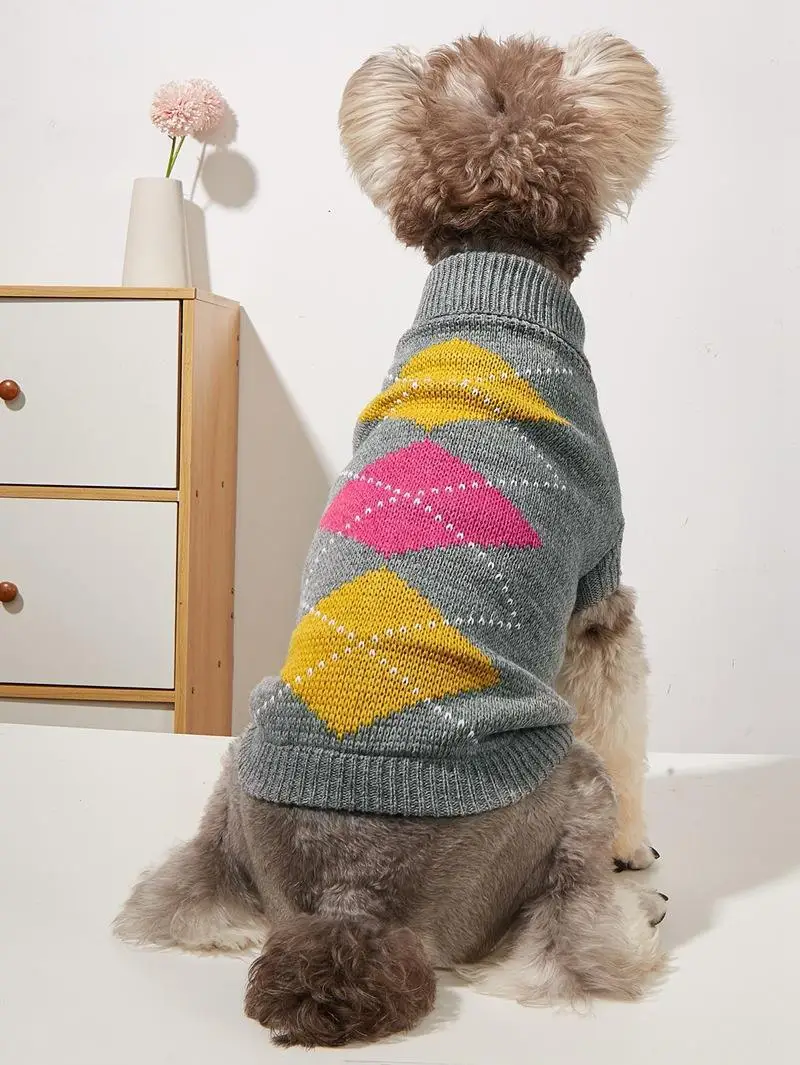 Ropa de perro M33 para otoño e invierno, diseño de cuello, color sólido, diamante cuadrado, Pomerania, Chihuahua, suéter, dachshund - imagen 2