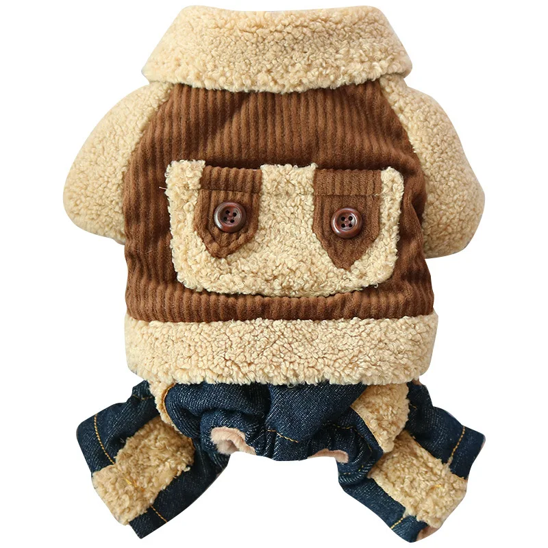 Ropa de cuatro patas con solapa de piel de cordero para mascotas, mono de perro, oso de peluche, traje de otoño, chaqueta gruesa a rayas, Parkas para perros - imagen 5