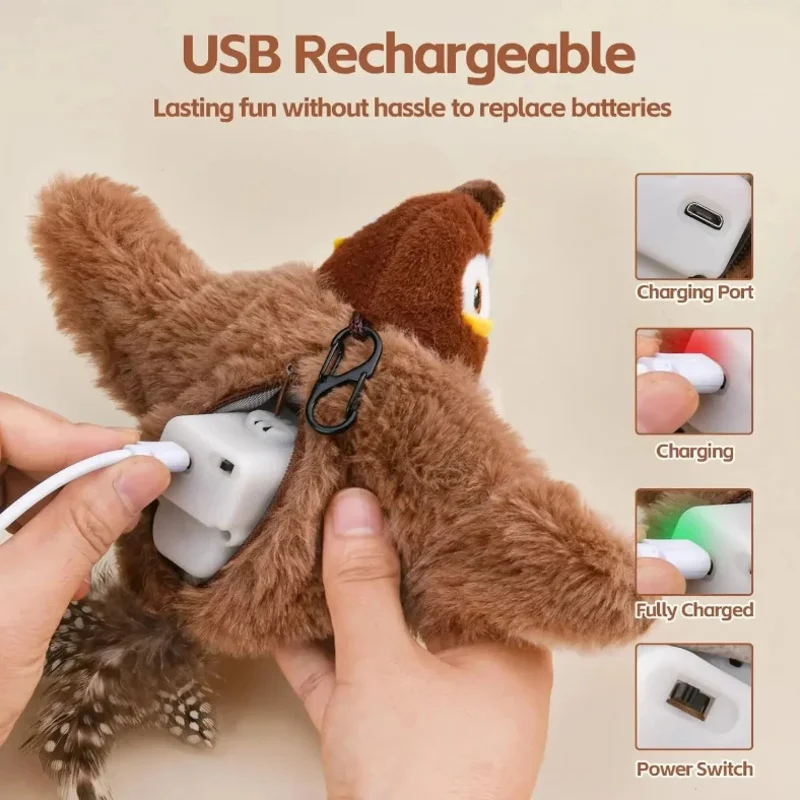 Juguete interactivo para gatos con pájaro volador, juguetes para gatos recargables, pájaro batiente (sin volar), puede agregar hierba gatera, juguete de peluche activado por tacto - imagen 5