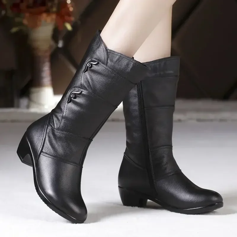 Middle Boots Winter Women's Korean Style Low Heel Solid Color Fleece Warm Plus Size Outdoor Anti-Skid Boots