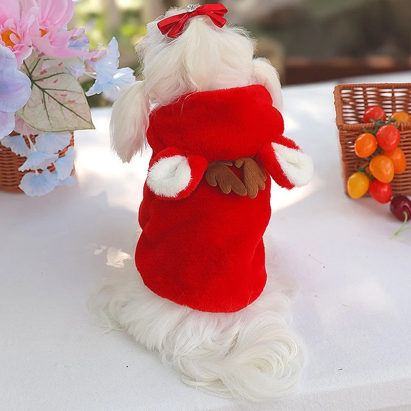 Abrigo de lana de Reno de Navidad para mascotas, chaqueta cálida de piel sintética de felpa para invierno, abrigo de invierno con capucha rojo para mascotas, traje para perros, ropa de invierno - imagen 3
