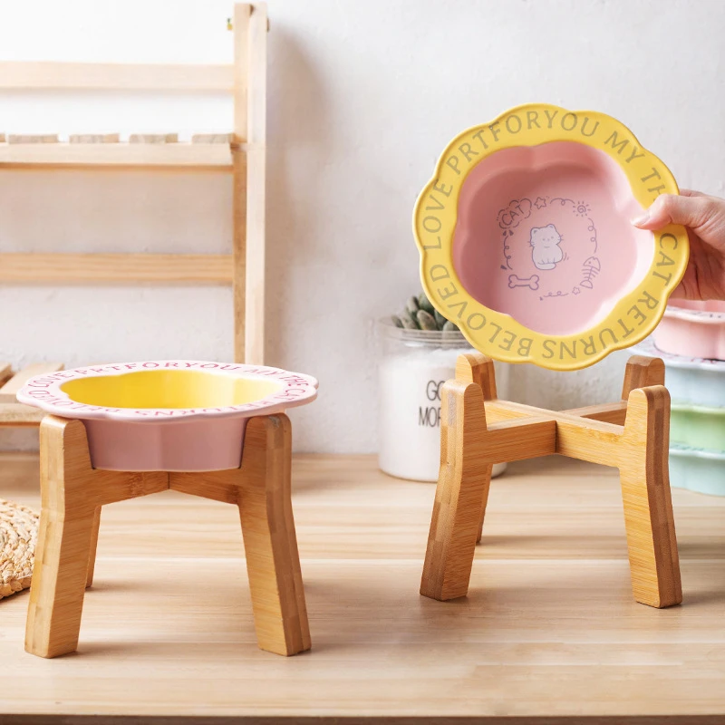 Cuencos de alimentación para mascotas, alimentador de cerámica para gatos, dispensador de agua elevado de madera para perros, contenedor protector de comida Cervical para cachorros y gatitos en casa - imagen 3