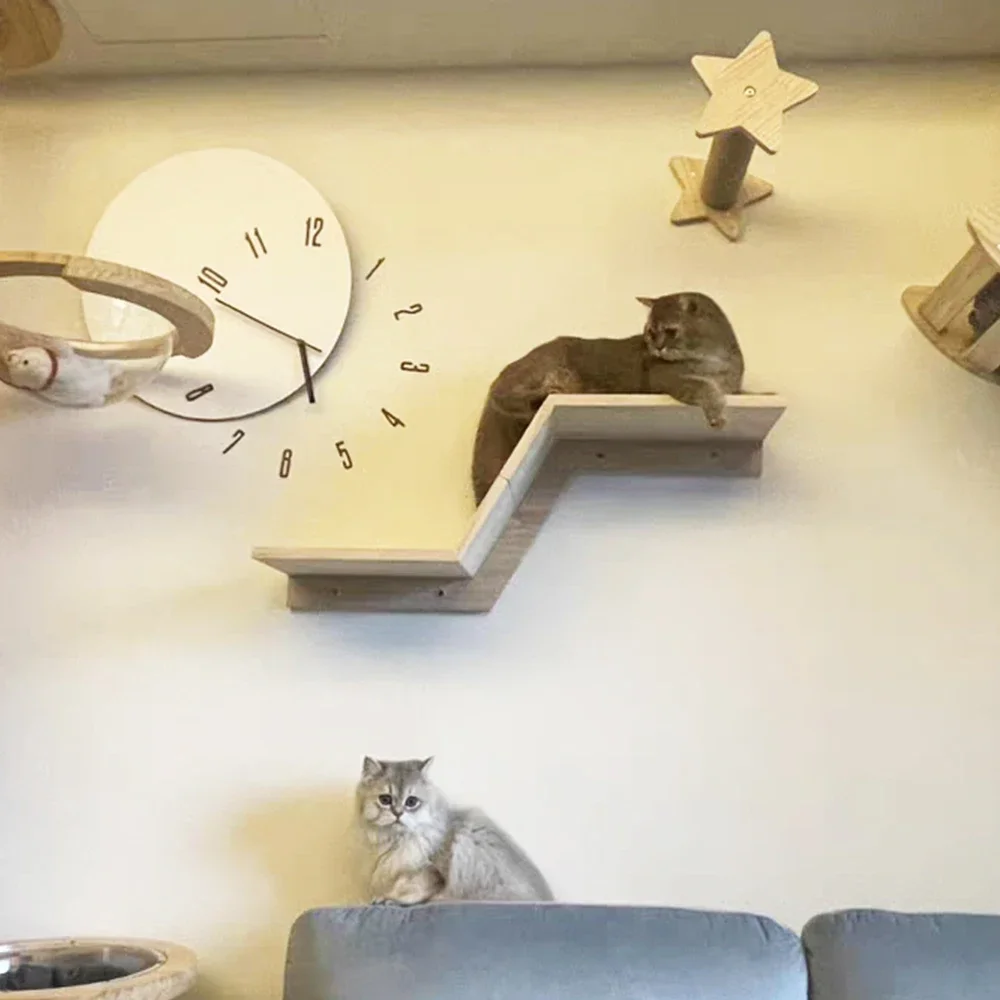 Sistema de escalada para gatos en forma de Z montado en la pared Estructura de madera maciza con pedales de fieltro y postes rascadores de sisal Ideal para jugar con gatos - imagen 4