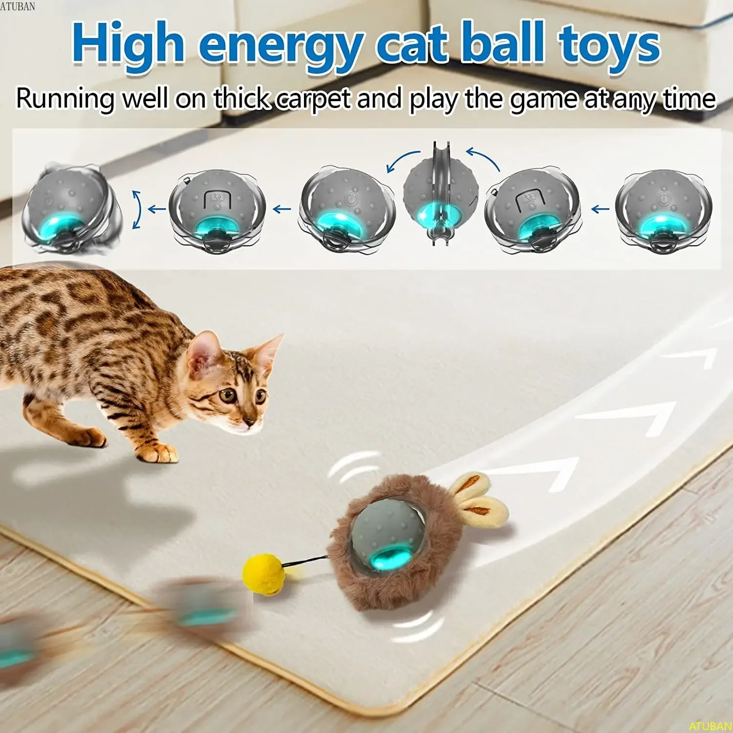 ATUBAN-pelota de juguete para gato con Orejas de conejo, juguetes interactivos inteligentes para gatos con sonido de pájaro, luz, movimiento, bola rodante activa, juguete eléctrico para gatos - imagen 2
