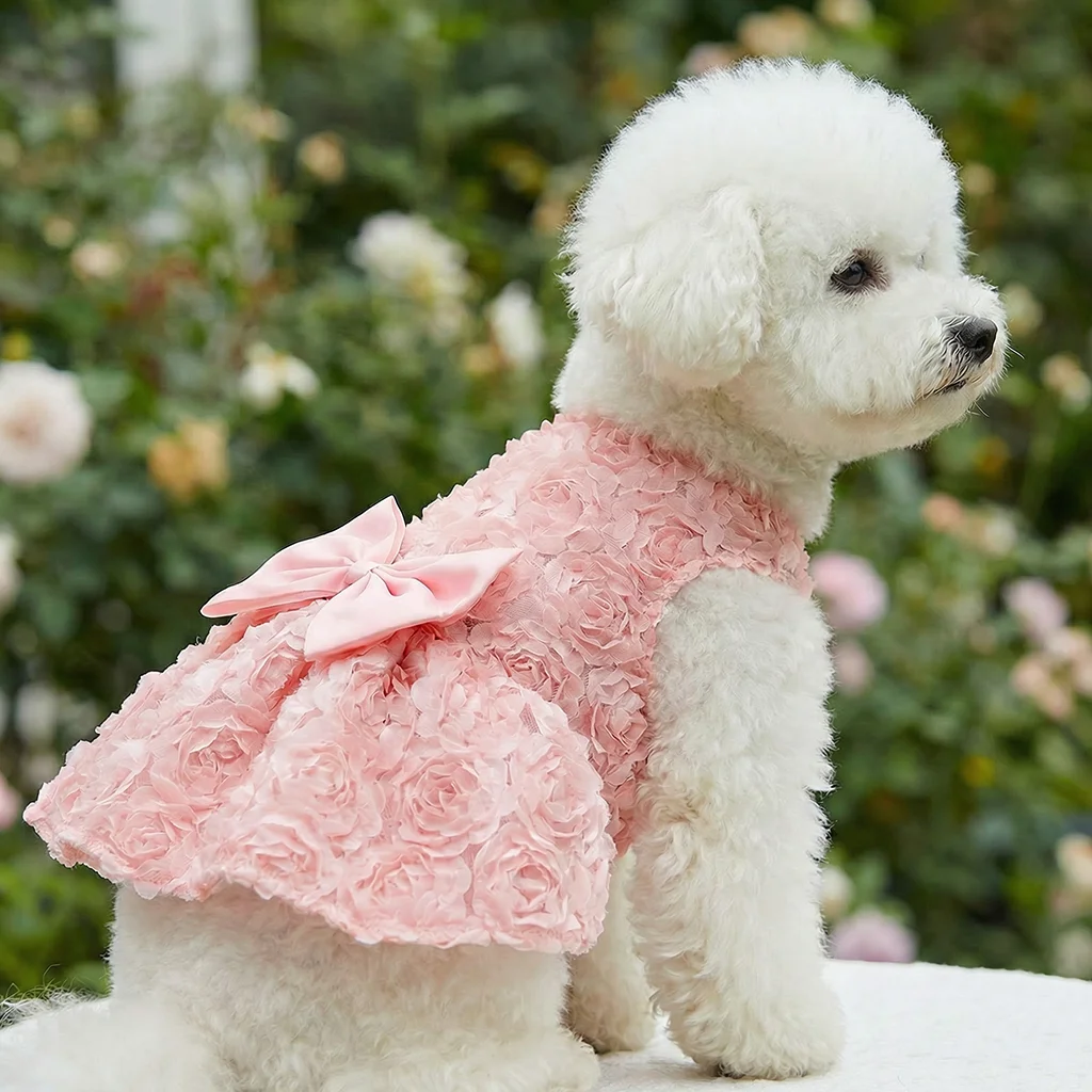 Vestido de princesa para perra – Lazo rosa y flores bordadas - imagen 5