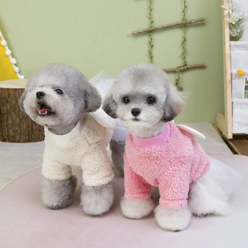 Vestido de felpa para mascotas de otoño e invierno, diseño de princesa con alas desmontables, ropa acogedora para perros pequeños y cachorros - imagen 3