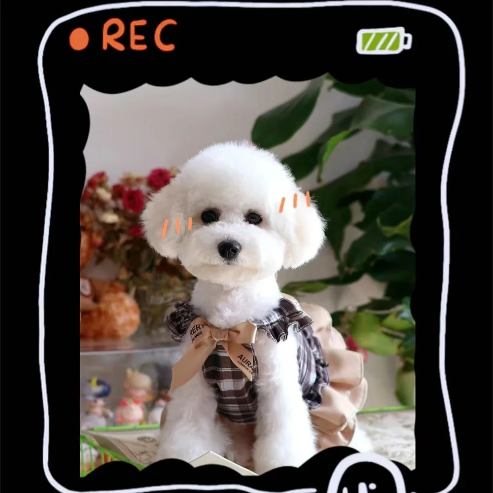 Falda con tirantes a cuadros para mascotas, falda con nudo de mariposa y gato, camiseta sin mangas de peluche para perros pequeños y medianos de cumpleaños - imagen 3