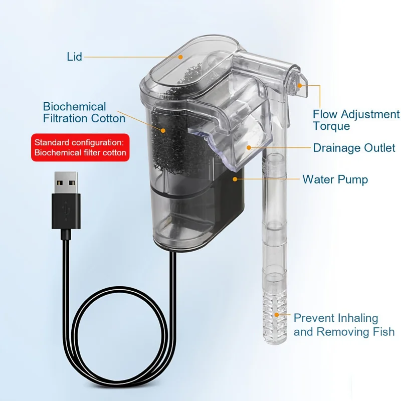 Filtro acuario USB silencioso flujo ajustable para peceras pequeñas - imagen 3