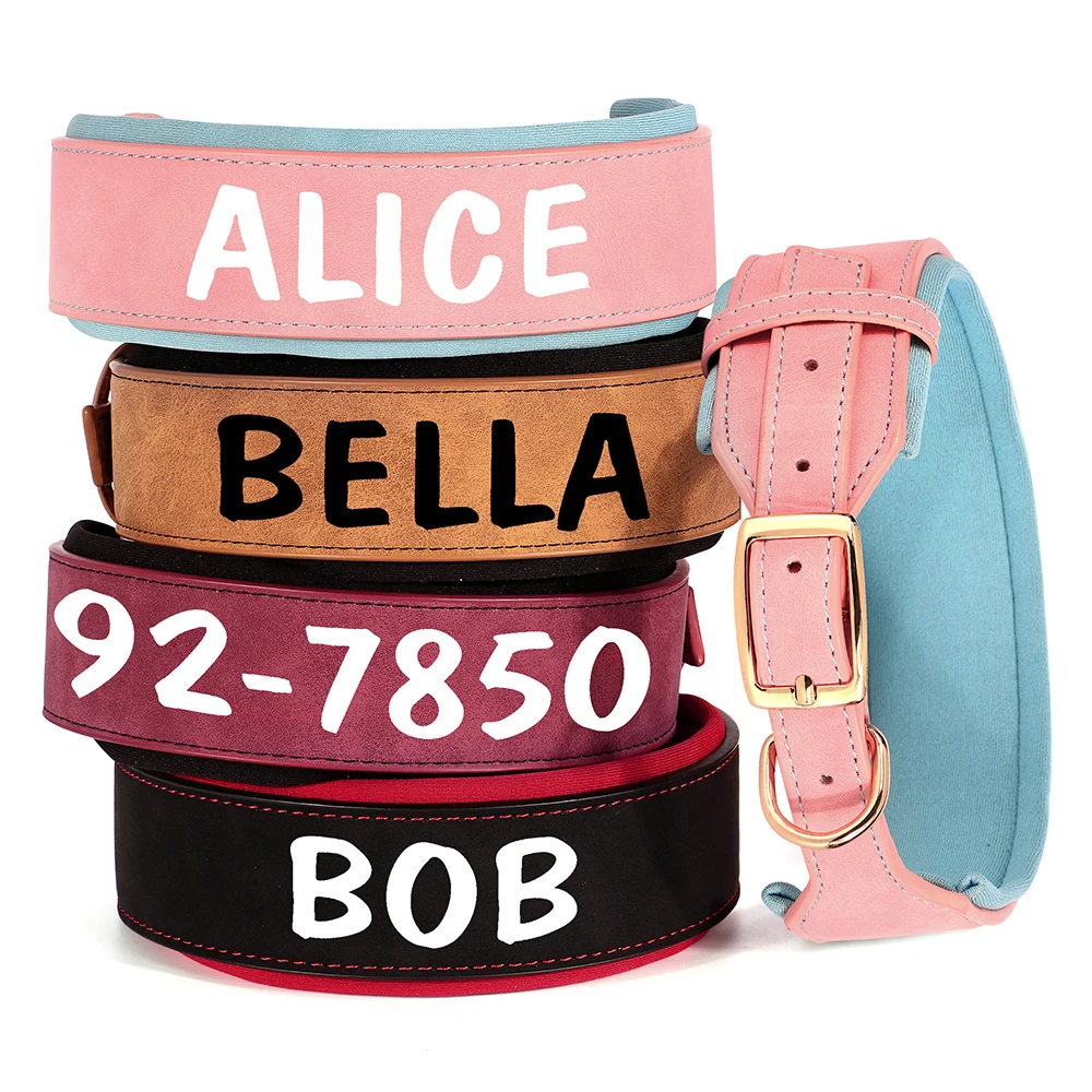 Collar de perro de cuero PU personalizado, collares de identificación de mascotas acolchados anchos, collares con nombre de perros con estampado gratuito para perros pequeños, medianos y grandes - imagen 3