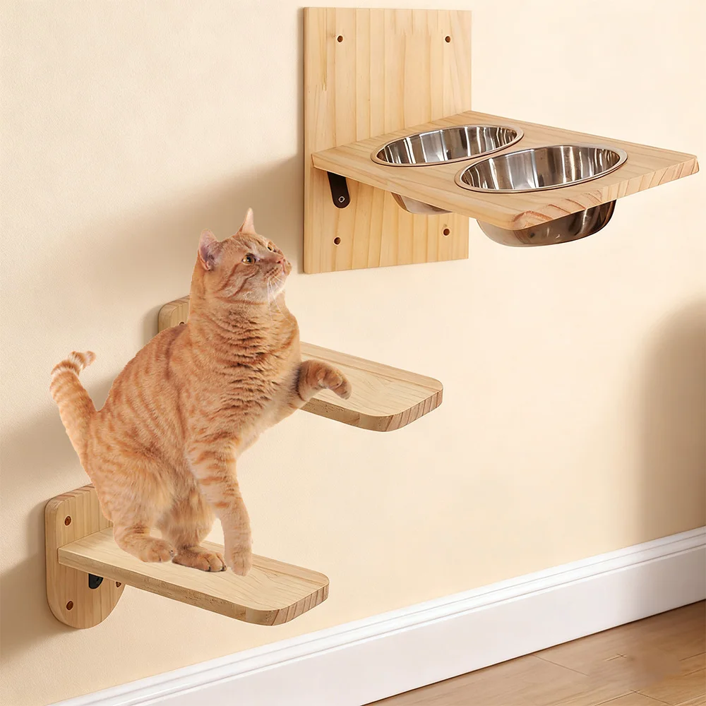 Estación de alimentación para gatos montada en la pared con cuencos dobles de acero inoxidable, percha para gatos, comedero para gatos y plataforma de escalada, muebles de interior para gatos