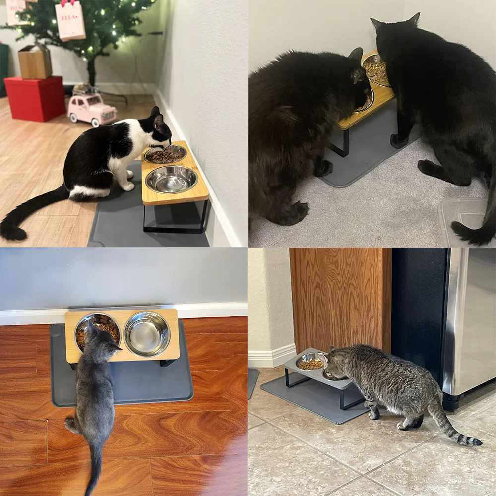 Cuenco para gatos pintado con tablero de bambú elevado 15 °   Soporte de inclinación, cuenco elevado antivómitos para gatos, 2 cuencos para gatos de acero inoxidable, cuenco para cachorros - imagen 4