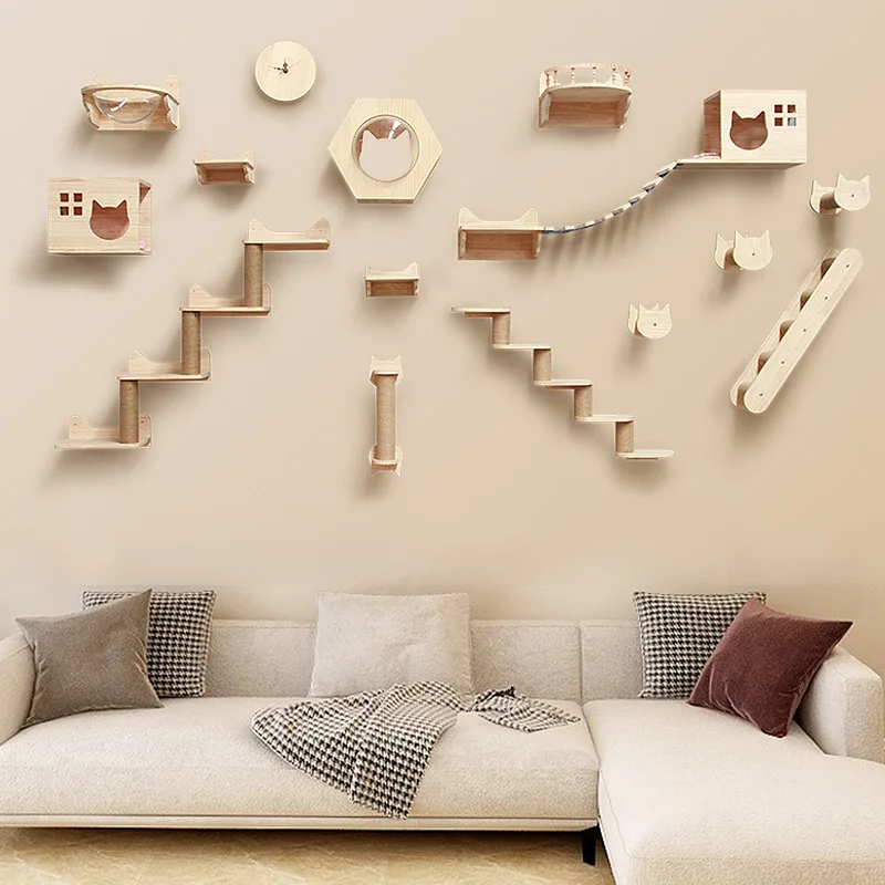 Hamaca para gatos montada en la pared, juego de estante de pared para gatitos, poste rascador de madera, casa de árbol trepadora, juguete, muebles para mascotas - imagen 2