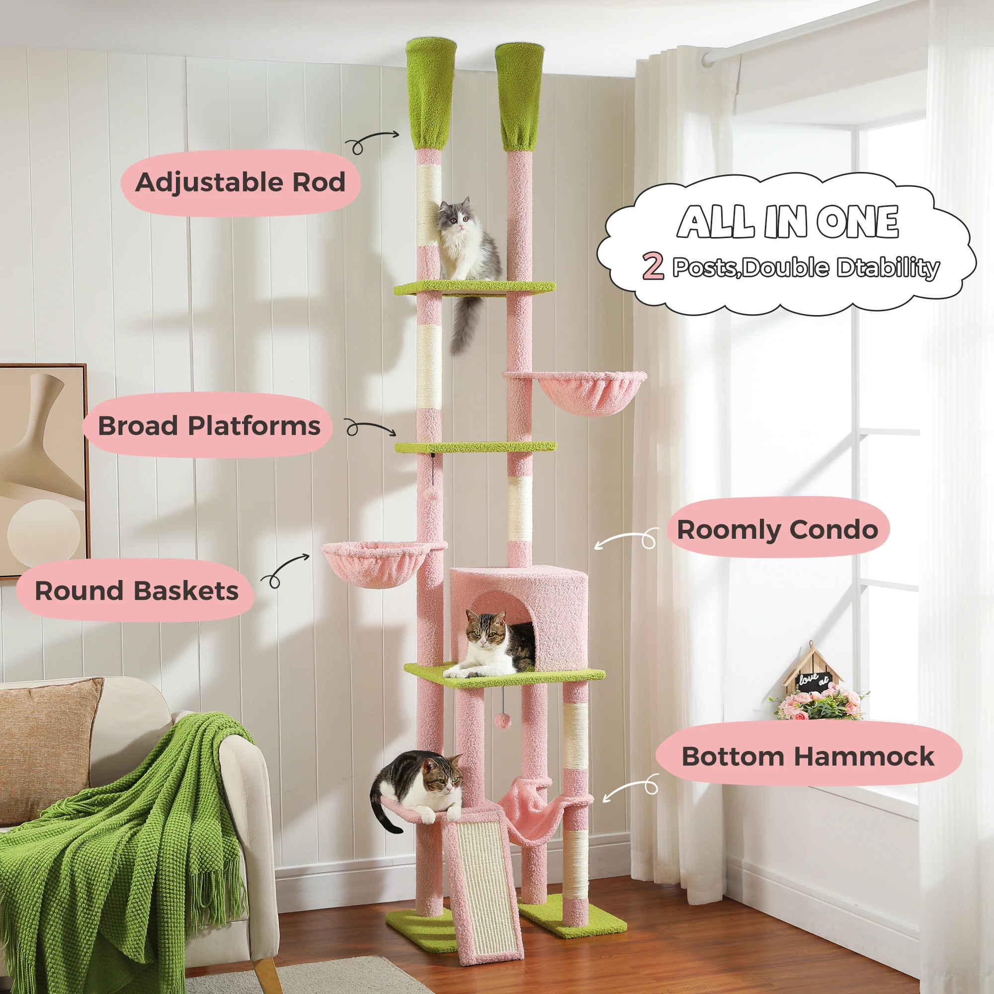Árbol para gatos de piso a techo para interiores, torre para gatos alta de altura ajustable con poste rascador de sisal, condominio acogedor con hamaca, rascadora para gato, juguetes para gatos - imagen 5