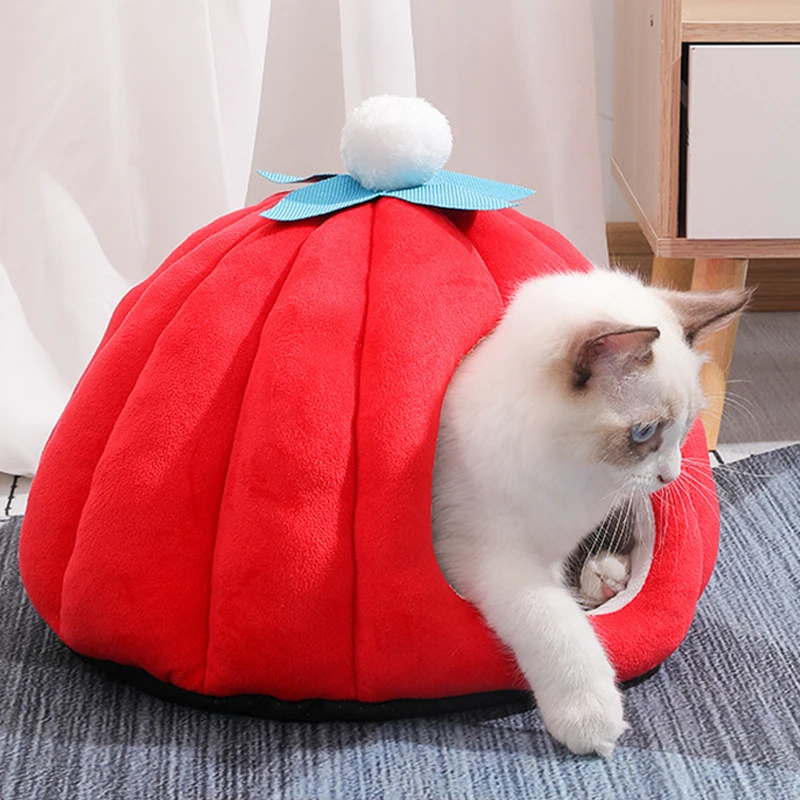 Casa de cama roja para gatos, nido de calabaza para mascotas, cueva para dormir, camas acogedoras para gatitos, tumbona, cojín, tienda de campaña para mascotas, Año Nuevo - imagen 2