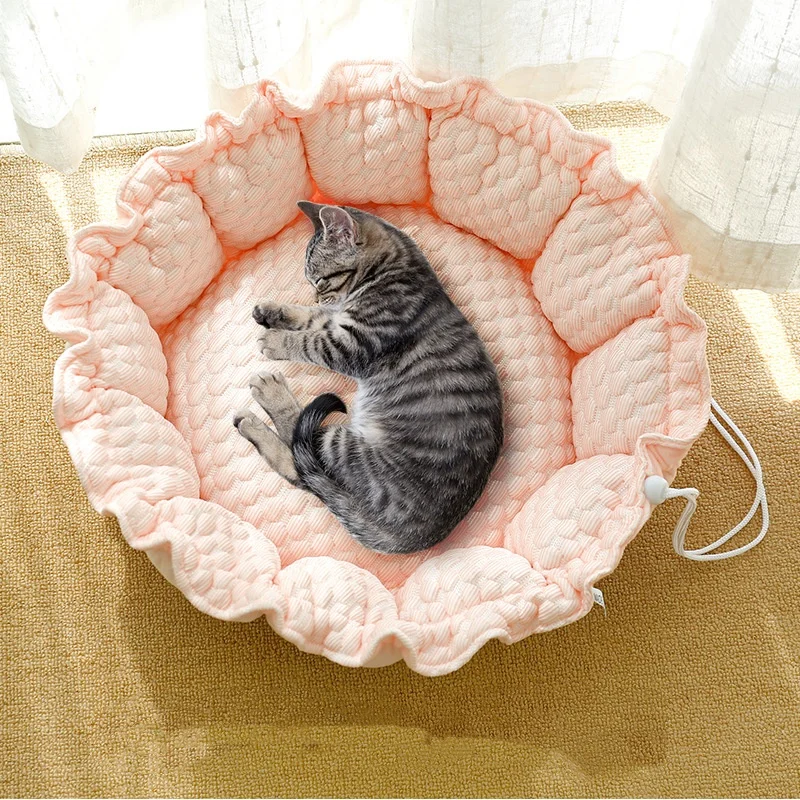 Saco de dormir redondo de lana cálida para gatos, perros en invierno, verano, tela de malla de hielo transpirable, cama suave rosa y azul para gato femenino - imagen 3