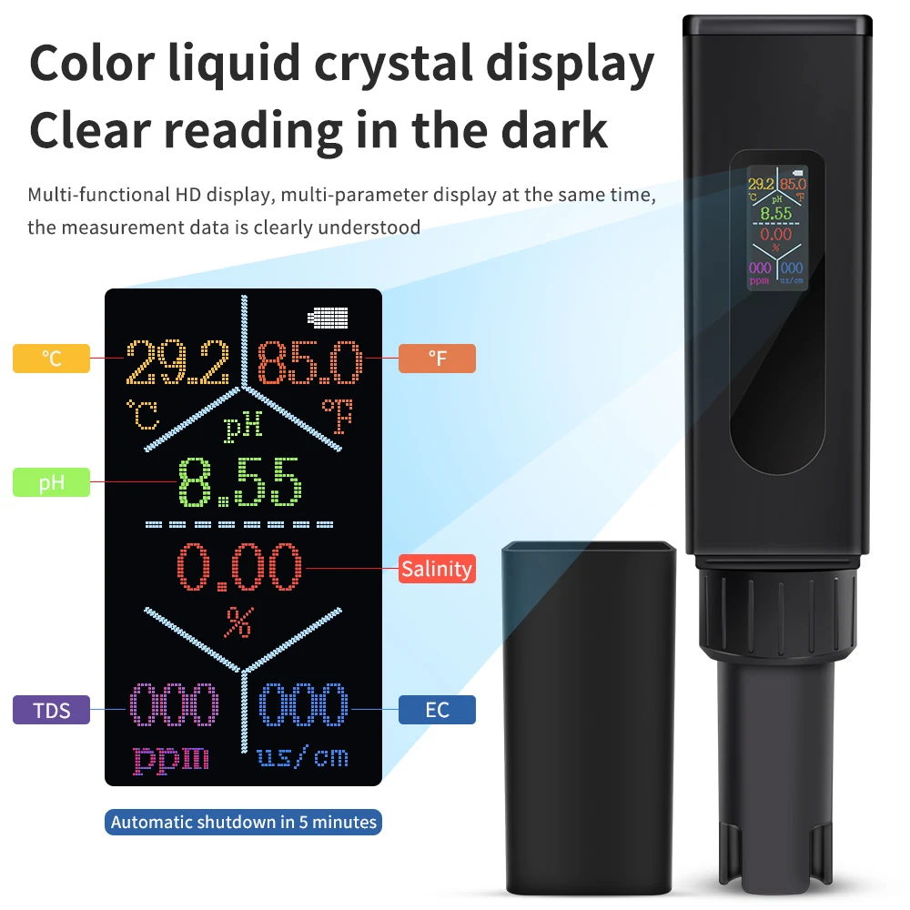 Probador de calidad del agua 5 en 1, medidor Digital de temperatura de salinidad, PH, EC, TDS, Detector recargable tipo C para agua potable, piscina de acuario - imagen 4