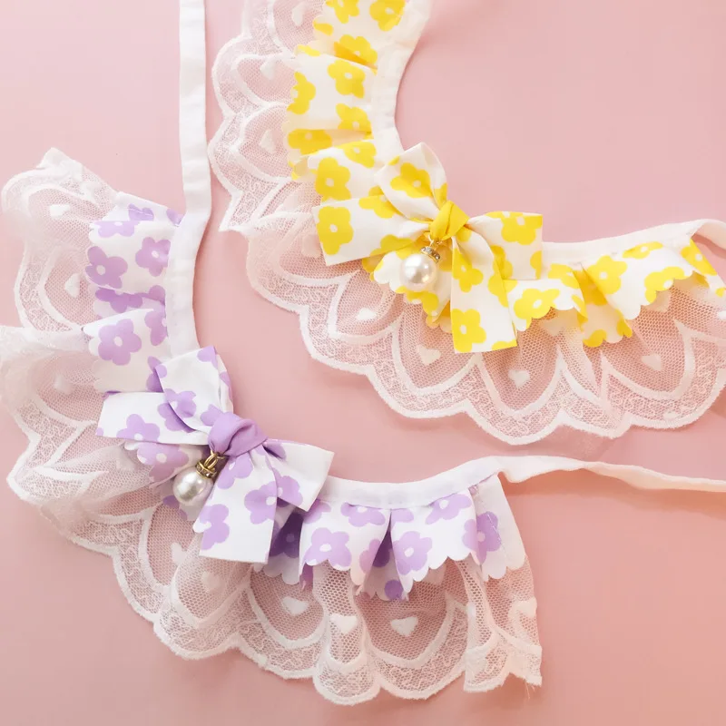 Collar de perro con colgante de perla grande de estilo coreano, bufanda con lazo de flores de encaje, Material de algodón, Collar para mascotas para perros y gatos - imagen 5