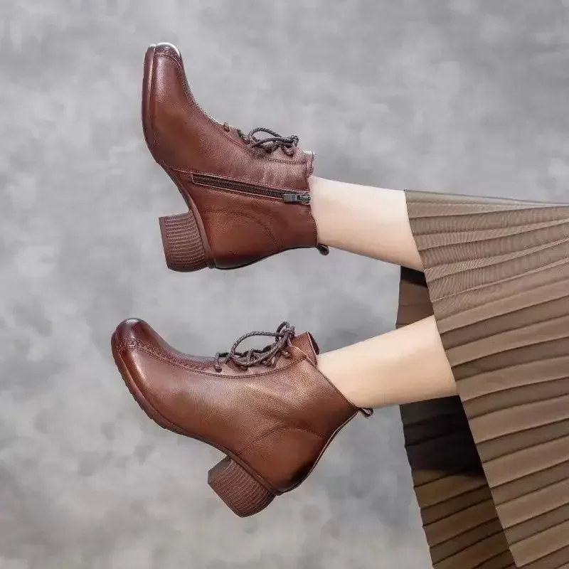 Botas cortas Retro para mujer, zapatos de mamá con forro polar y tacón medio de fondo suave para primavera y otoño, botines de goma hasta el tobillo