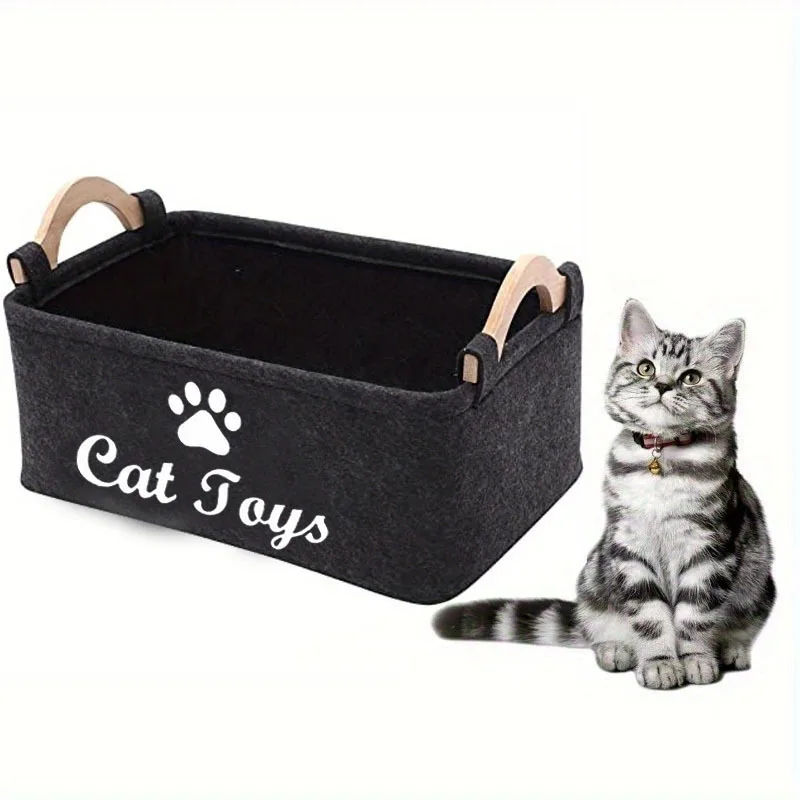 Elegante cesta de almacenamiento de juguetes de fieltro para mascotas, organizador duradero para juguetes para gatos y perros, ropa sucia y suministros de limpieza, estampado de letras