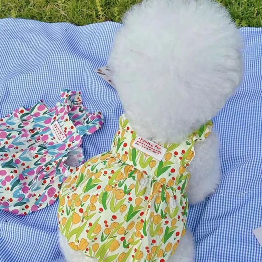 Falda de calabaza para mascotas, chaleco con tirantes de princesa y flores, Teddy Yorkshire Schnauzer, ropa para perros pequeños y gatos, falda fina con brotes para perros - imagen 2