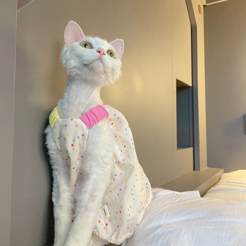 Falda Camisola Bubble para Gato Correa de Hombro Rosa Elástica de Verano para Sphynx Cat Vestido Princesa de Lunares Blancos con Collar - imagen 5