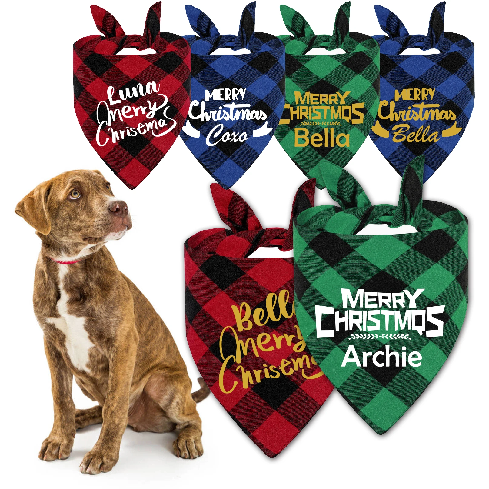 Feliz Navidad Santa nombre personalizado rojo verde a cuadros mascota perro Bandana triángulo bufanda Baberos para mascota cachorro perro accesorios de fiesta de vacaciones
