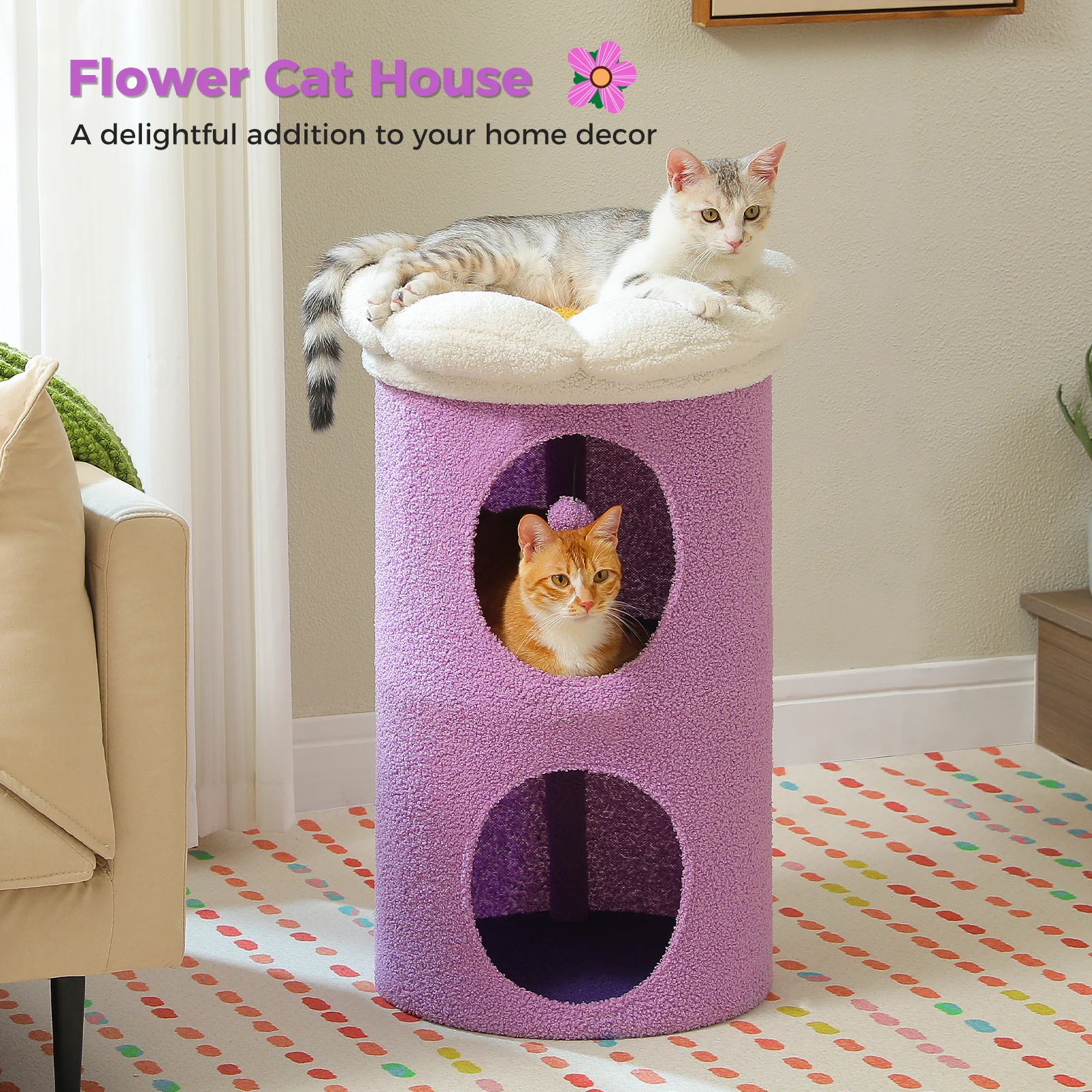 Camas para gatos de 2 pisos para gatos de interior, casa grande para gatos con cama para gatos de flores extraíble, bonita cueva para gatos, escondite para gatos, Condo para gatos de interior - imagen 2