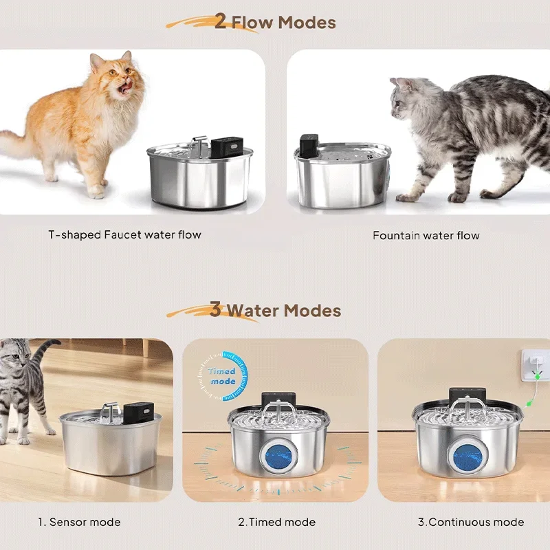 Fuente de agua para gatos Voford de acero inoxidable de 3,2 L con batería de 4000 mAH, 3 modos, salida Dual, fuente automática inalámbrica para beber para mascotas - imagen 3