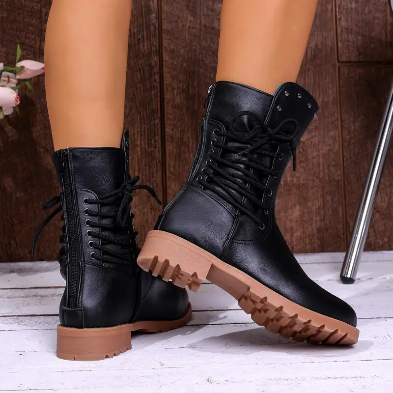 Bottines de Cowboy occidentales Vintage à bretelles croisées pour femme, bottines courtes à rivets Rock et talon épais, nouvelle collection hiver automne - imagen 5