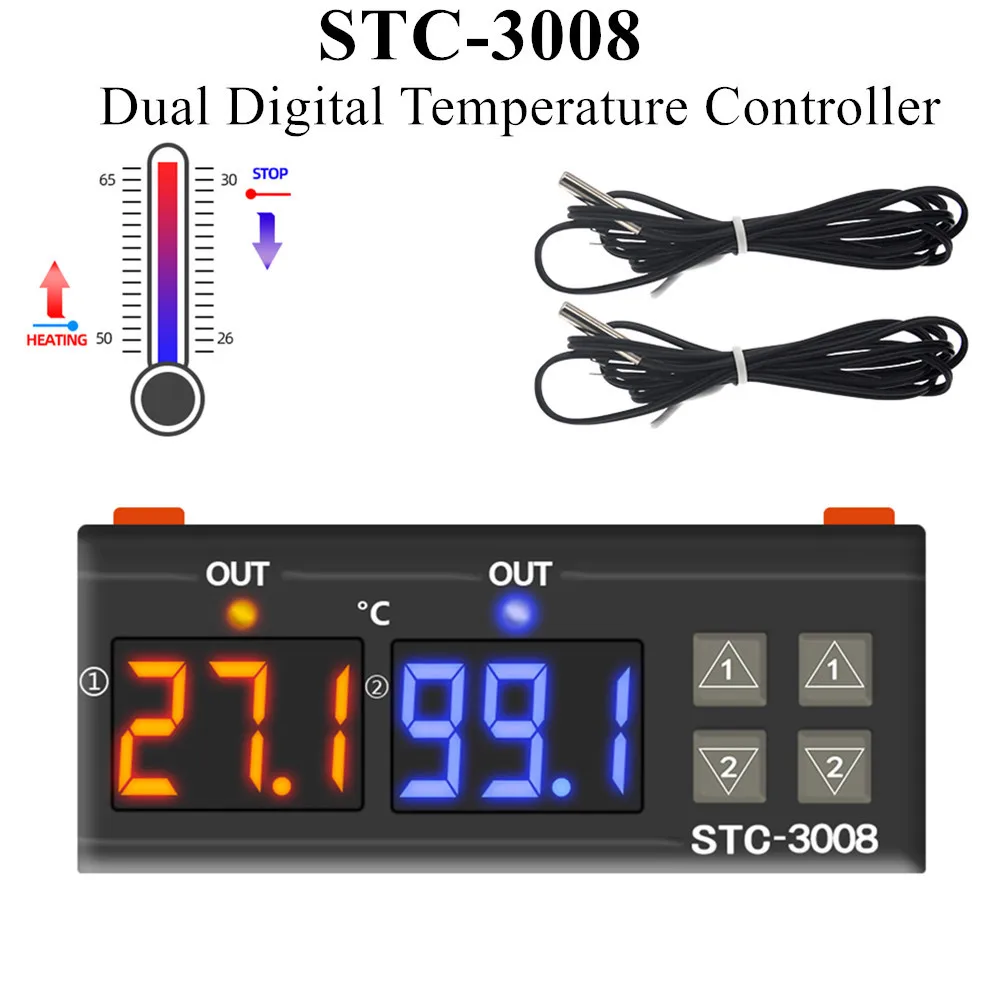 Controlador de temperatura de STC-3008, termorregulador de dos salidas de relé, termostato Digital Dual con enfriador de calentador, 12V, 24V, 110-220V