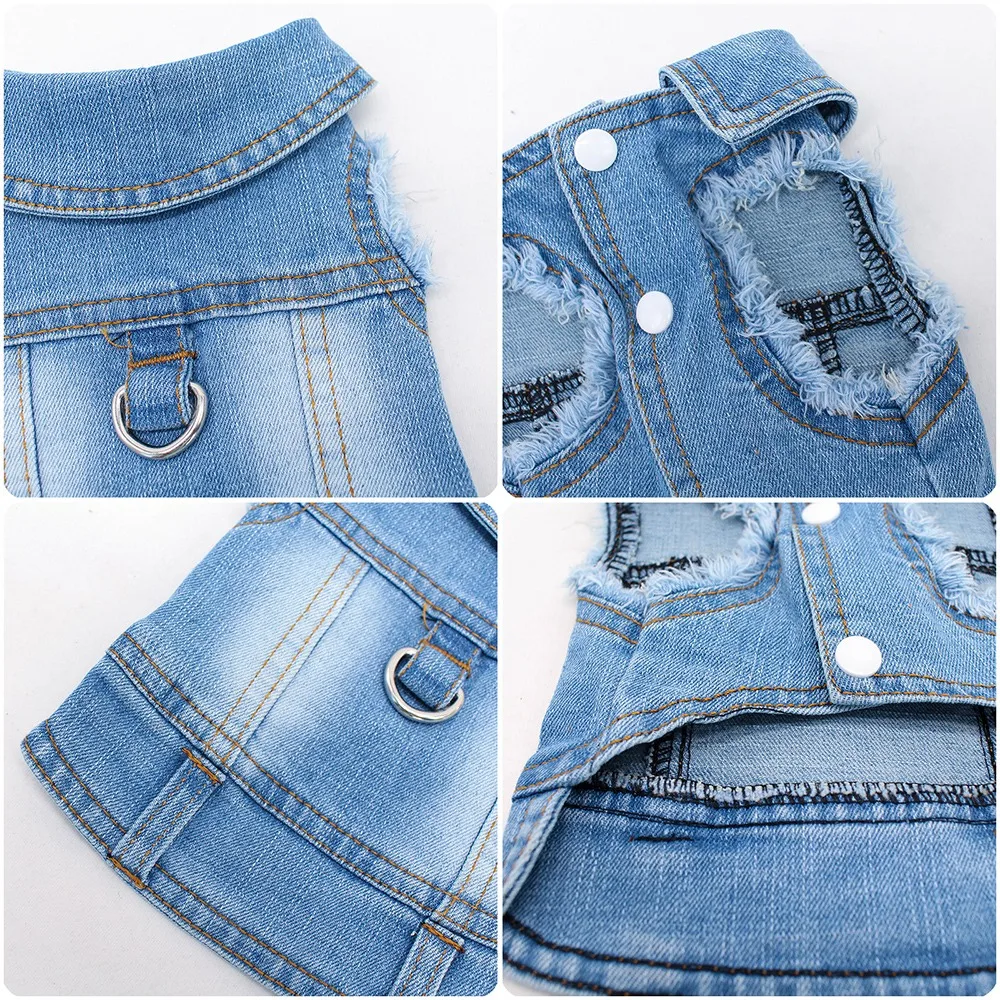 Chaqueta vaquera para perros, abrigo vaquero para niñas pequeñas y medianas, ropa para cachorros, chaleco con arnés de solapa y anillo en D para correa - imagen 2