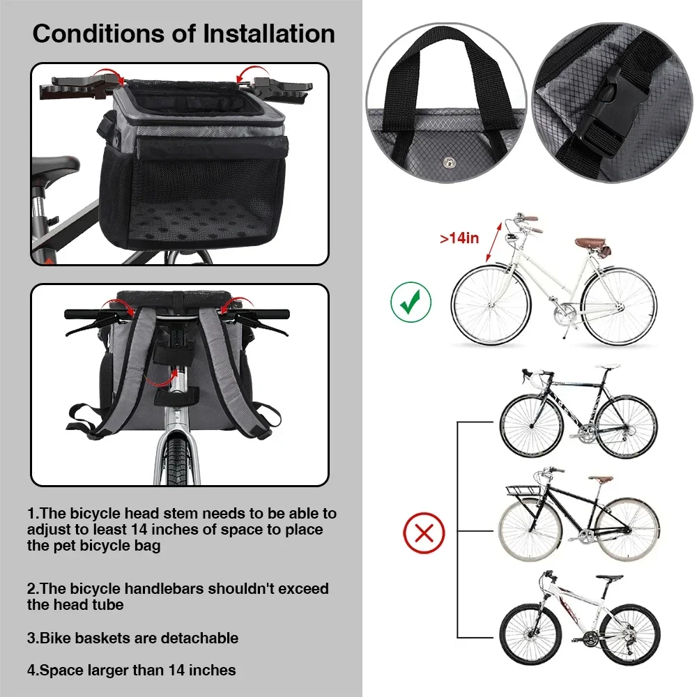 Cesta delantera para bicicleta, bolsa de transporte para perros y mascotas, bolsa de lona plegable con suspensión extraíble para bicicleta, capacidad de peso de 15 libras - imagen 4
