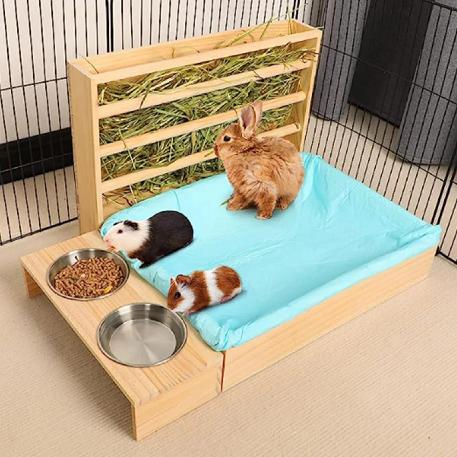 Alimentador de conejo de madera con caja de arena, dispensador de comida para hámster, suministros de alimentación de Chinchilla para animales pequeños - imagen 2