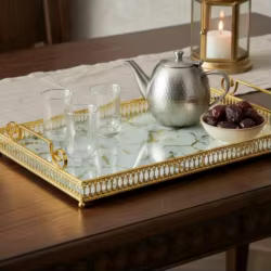 2 bandeja rectangular dorada con borde calado para servir en fiestas