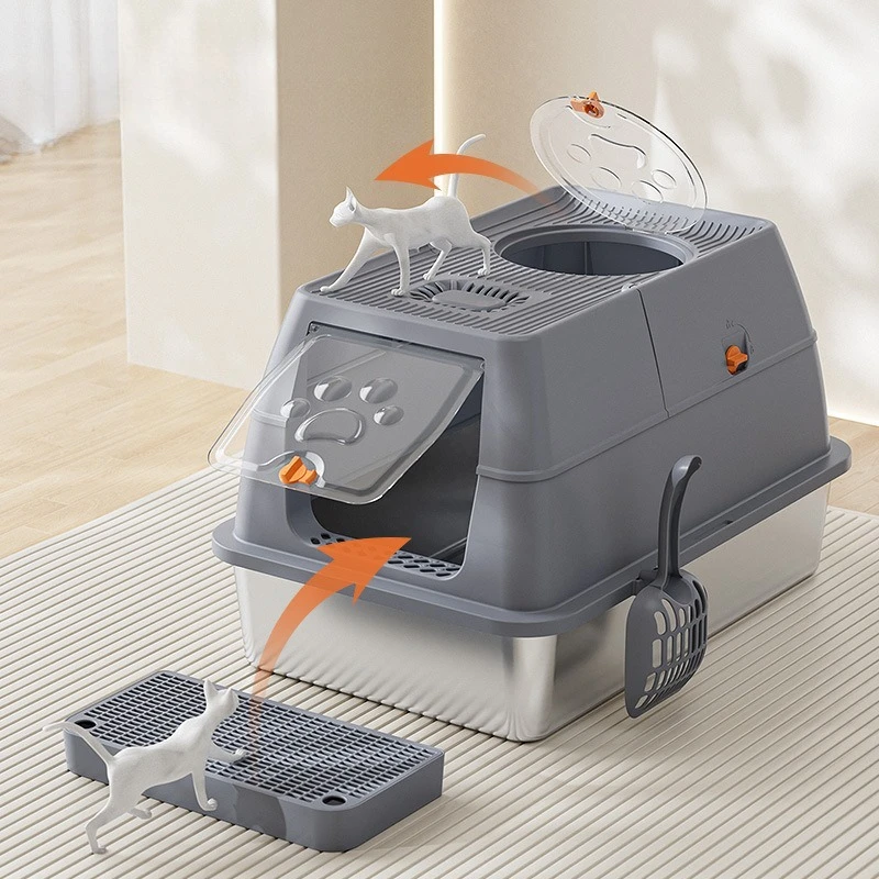 Caja de arena de acero inoxidable para gatos, caja de arena autolimpiante para mascotas, gatos, gatitos, arena de limpieza para mascotas, cachorros, perros, gatitos, casa, inodoro - imagen 3