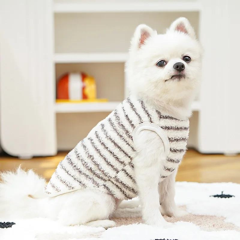 Ropa de lana para perros Otoño Invierno abrigo a rayas para perros lindo estampado de conejo chaleco cálido para perros gatos Bichon Yorkie taza de té jerseys para perros - imagen 5