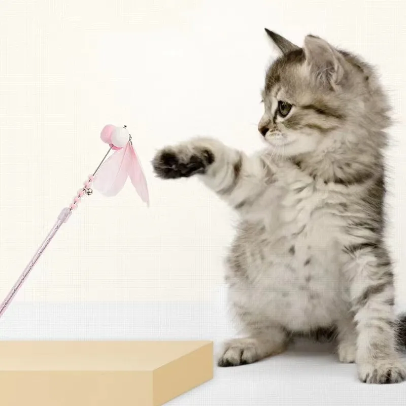 Juguete interactivo de plumas para gatos, palo de bola de lana, mango largo, suministros para mascotas - imagen 2