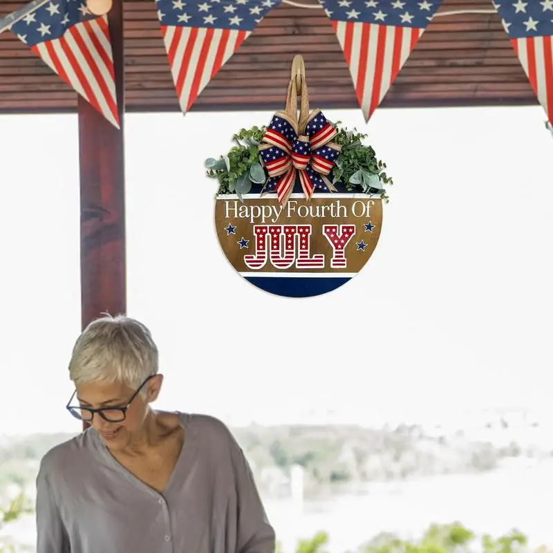 Colgador de puerta patriótico, señal de bienvenida para el día de la independencia, corona Artificial con lazo, rojo, blanco y azul - imagen 4