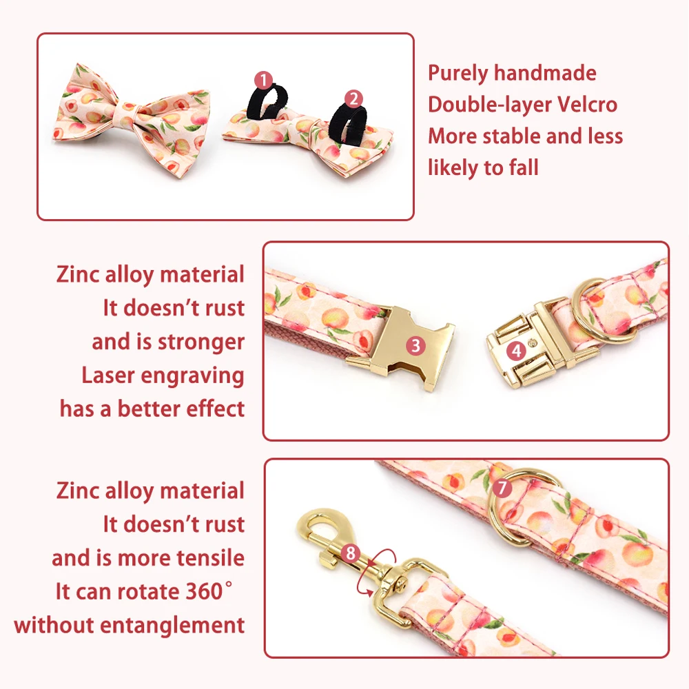 Collar para perro con diseño de melocotón y miel, colección de frutas personalizada, pajarita de lujo, conjunto de Collar y correa para perro con bolsa para caca, Collar para Gato - imagen 5