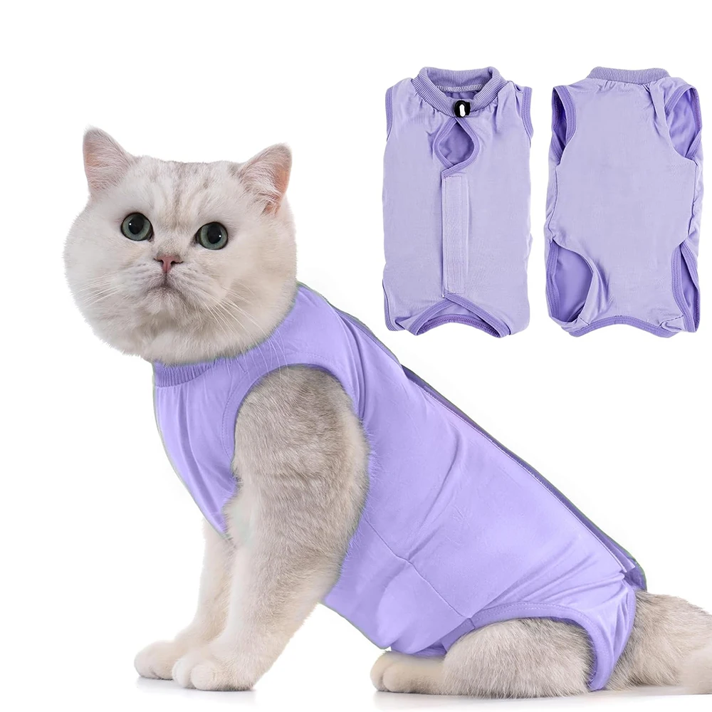 Traje de recuperación de gato para heridas abdominales o enfermedades de la piel, mono de gato sólido acogedor de algodón para después de la cirugía, ropa femenina para gatitos - imagen 4