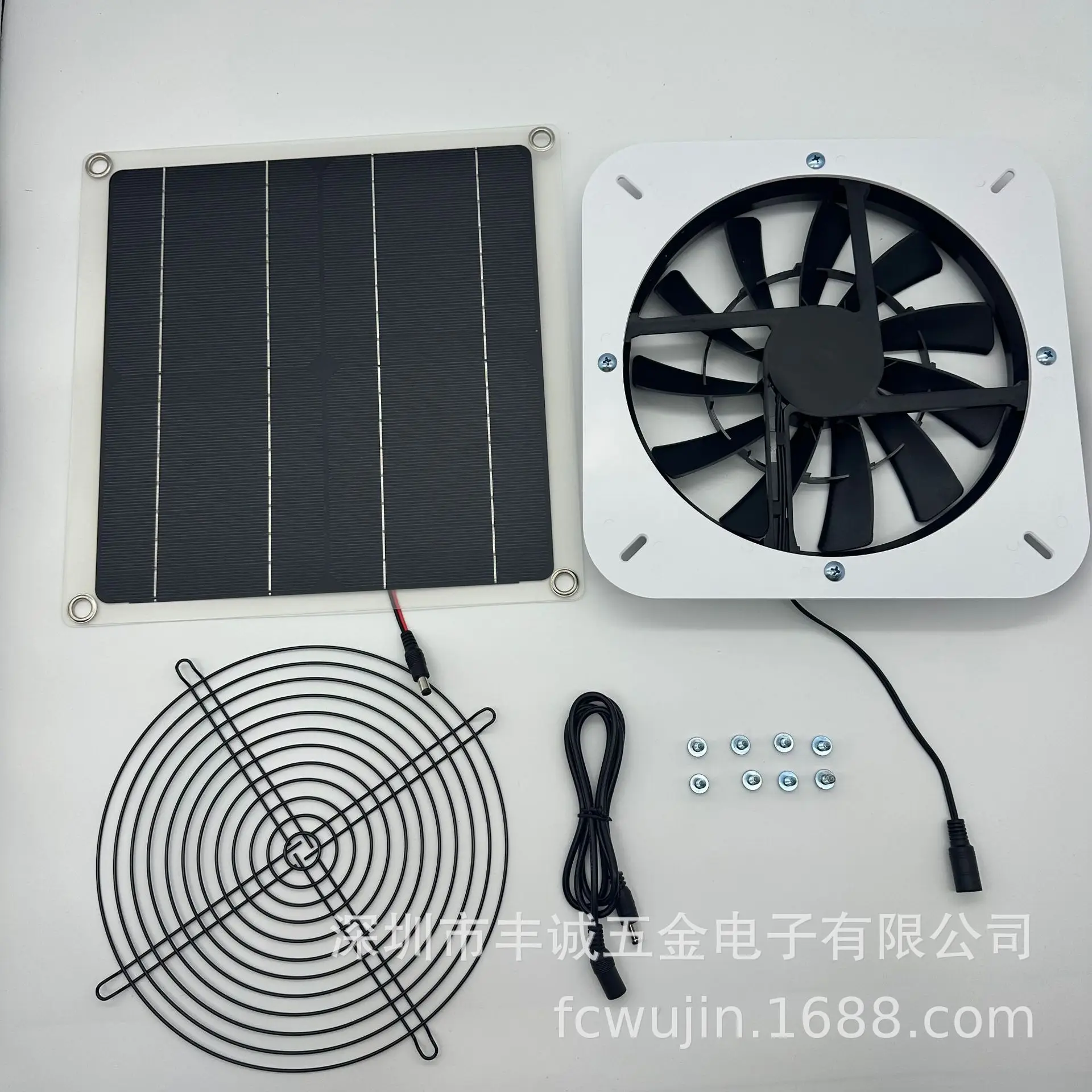 Panel Solar de 100W, ventilador de chasis de ventilación redondo de 10 pulgadas, ventilador de ventilación de escape para casa, productos para mascotas en blanco y negro